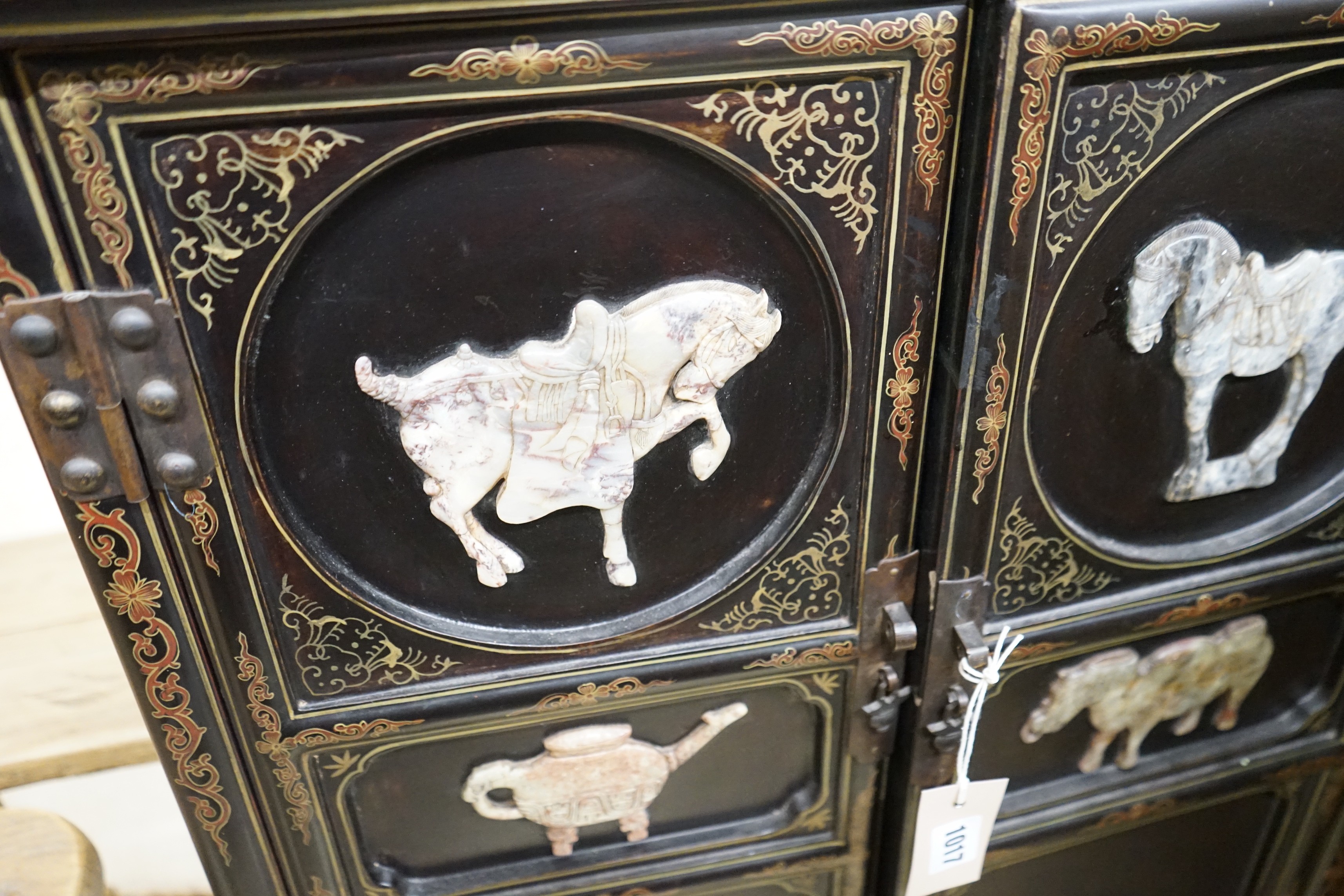 A Chinese painted hardstone mounted two door side cabinet, width 60cm, depth 31cm, height 89cm